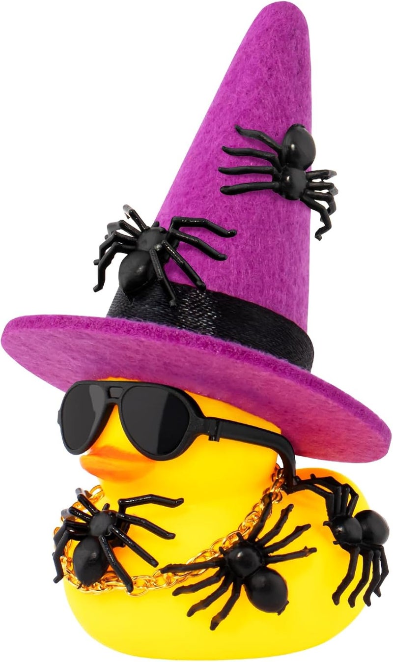 wonuu Spiders Rubber Ducks for Halloween, Car Dashboard Decorations Duck for Office Desk Ornament Accessories with Witch Hat Glasses Chain Spider (Purple) - Image 1